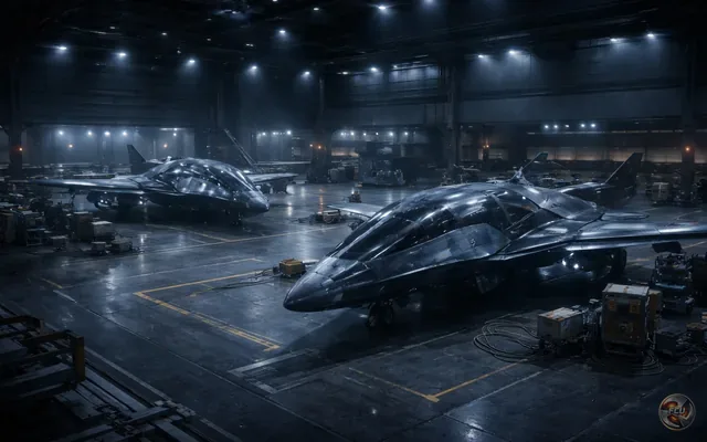 Sleek aircraft parked in a dim hangar bay