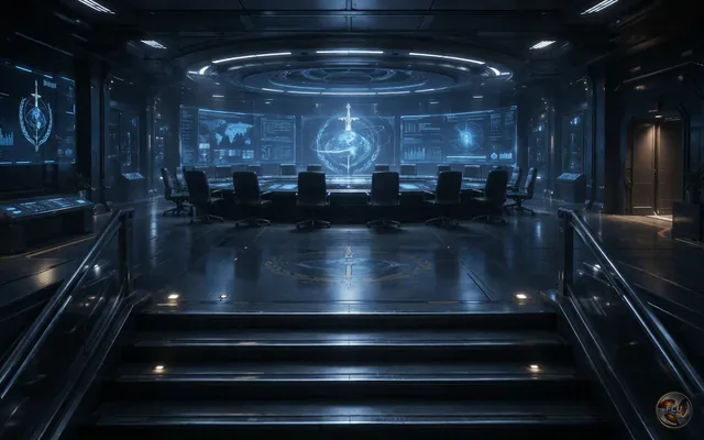Briefing room with a round table and Sanctuary Initiative displays