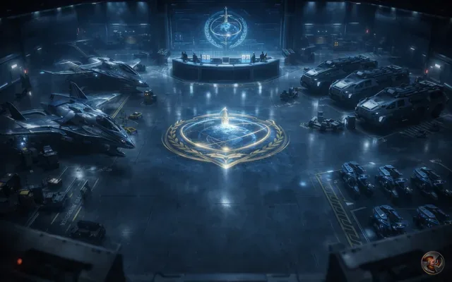 Hangar floor with aircraft, armored vehicles and the Sanctuary Initiative emblem