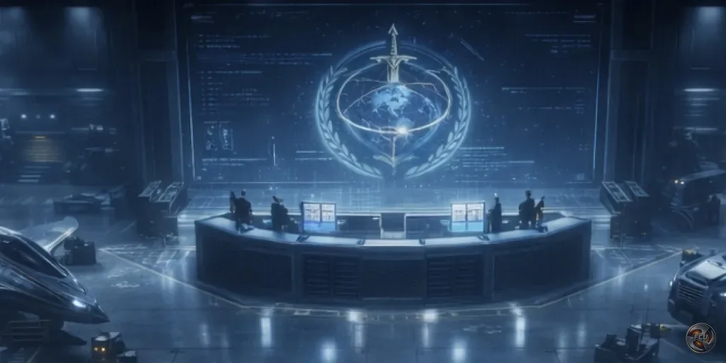 Sanctuary Initiative command center with the Initiative emblem on the main display