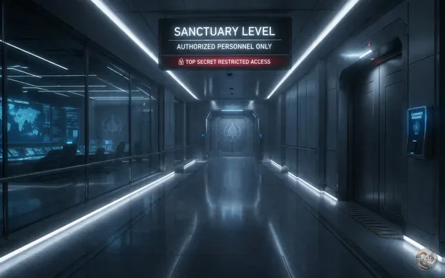Restricted corridor marked Sanctuary Level, authorized personnel only