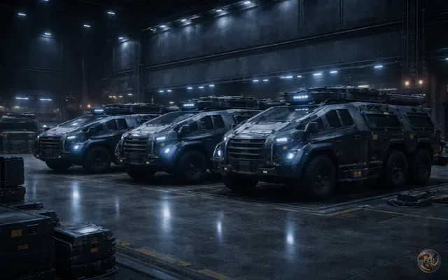 Row of armored vehicles in a dark vehicle bay